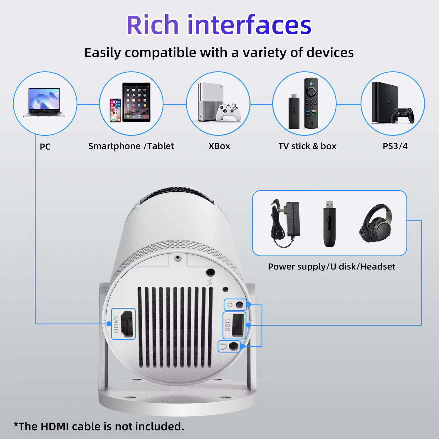 Portable Mini Projector, Native 4K 1080P Resolution, 260 ANSI Lumens, WiFi 6 Dual Band, Bluetooth 5.0, 180° Rotation, Compatible with PC, Smartphone, Xbox, PS3/4