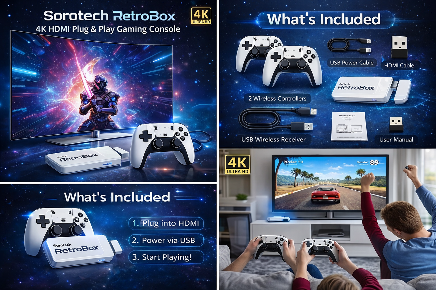 Sorotech RetroBox 4K Gaming Console – 40K+ Classic Games Plug & Play HDMI System with Wireless Controllers