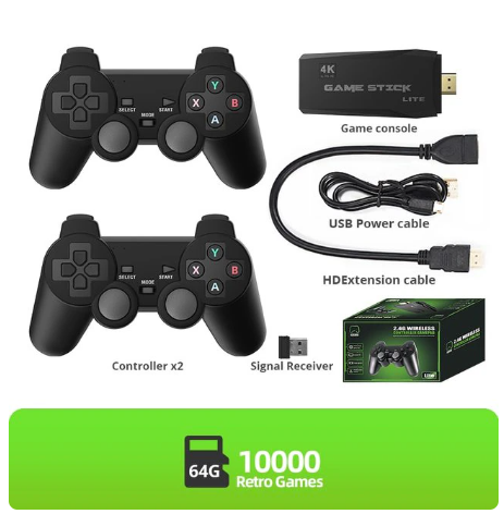 Sorotech 64Gb Wireless Retro Stick Game Console, 4k, HDMI, Built in 10000+ Games,9 Classic Emulators, with Dual 2.4G Wireless Controllers