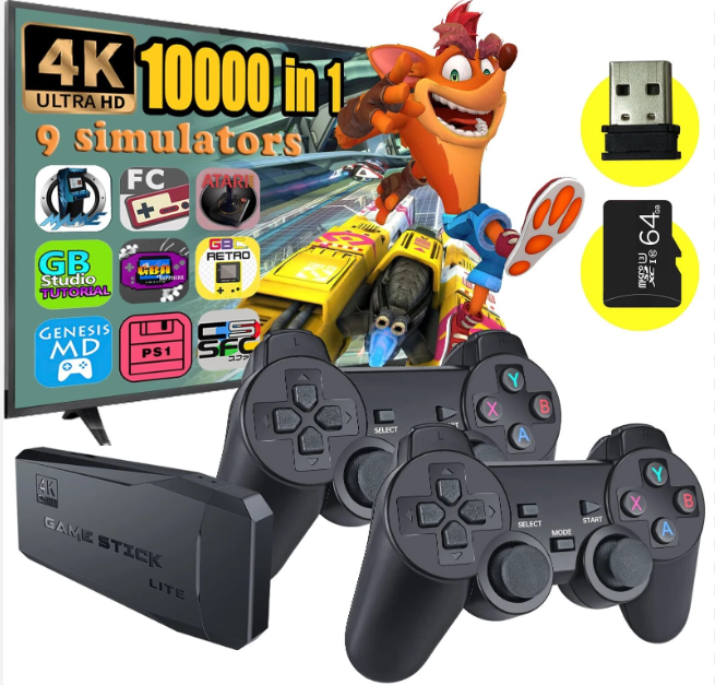 64Gb Wireless Retro Stick Game Console, 4k, HDMI, Built in 20000+ Games,9 Classic Emulators, with Dual 2.4G Wireless Controllers